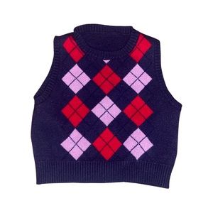 y2k top argyle cropped knit sweater vest
